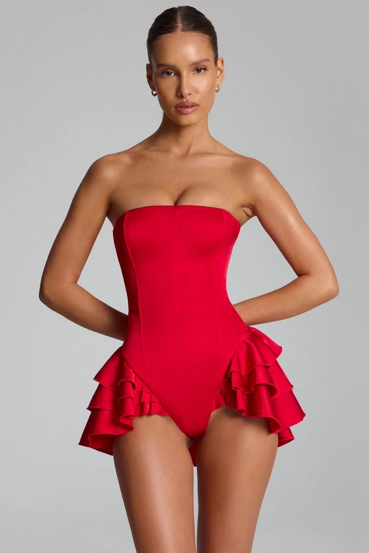 Ruffled Lace Up Corset Playsuit in Fire Red