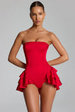 Ruffled Lace Up Corset Playsuit in Fire Red