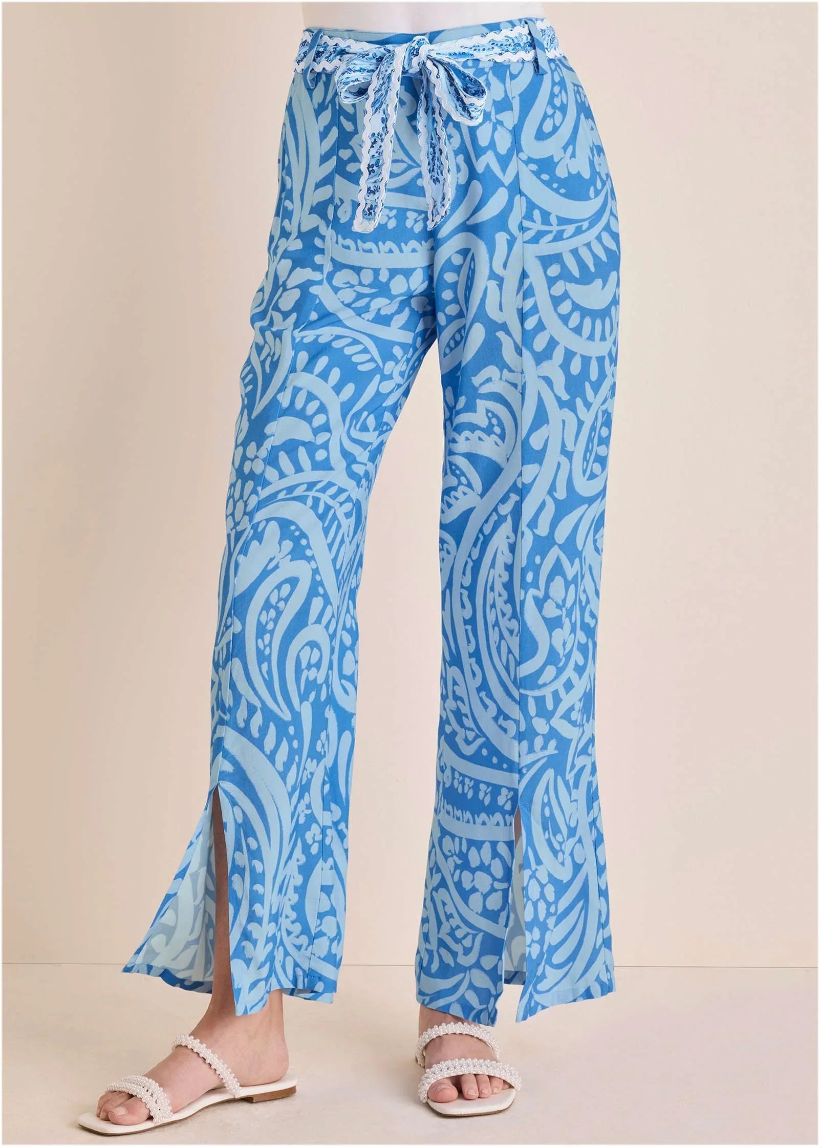 Front Slit Printed Pant Blue Allover Spring Paisley