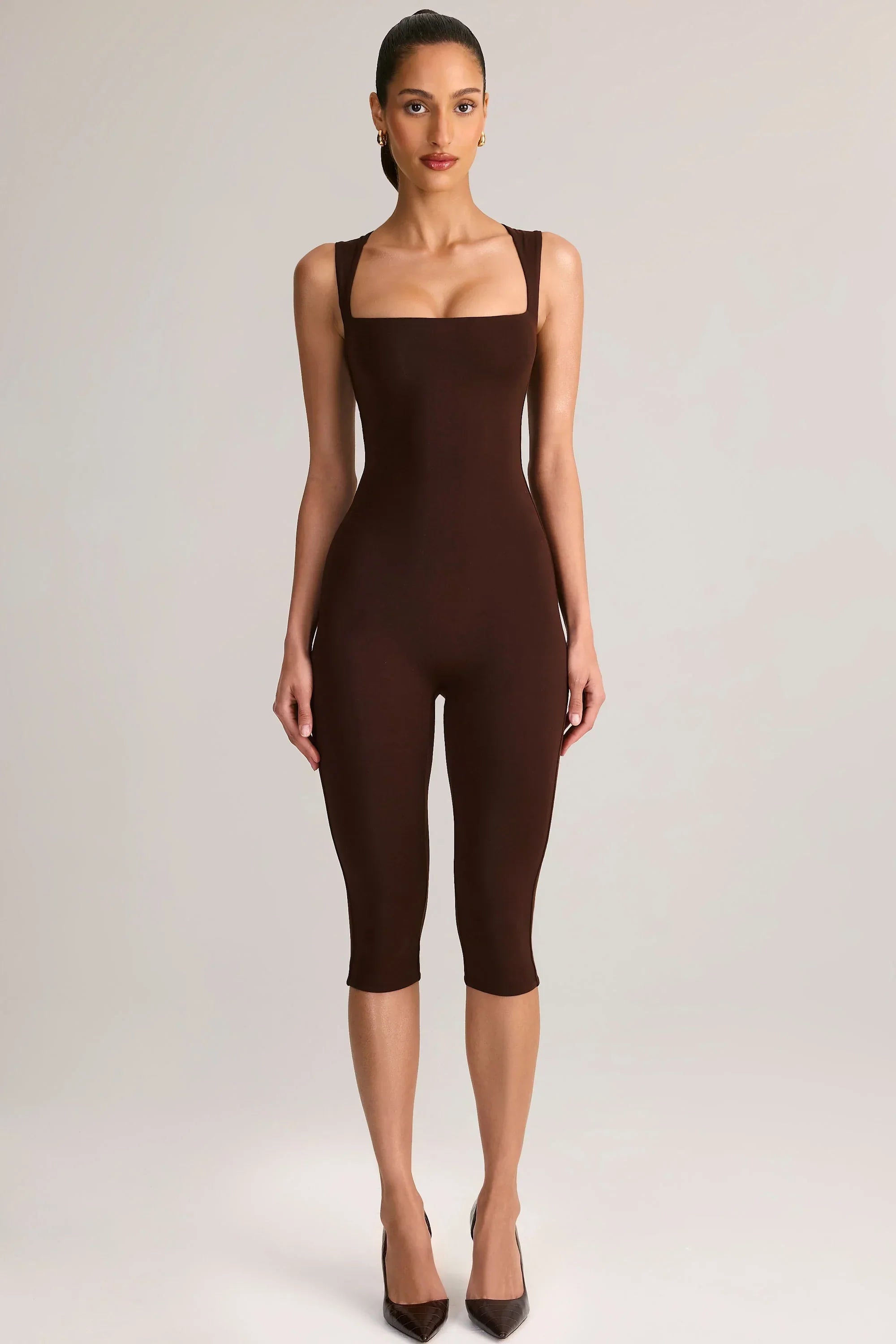 Modal Square Neck Bodycon Capri Jumpsuit in Chocolate Brown