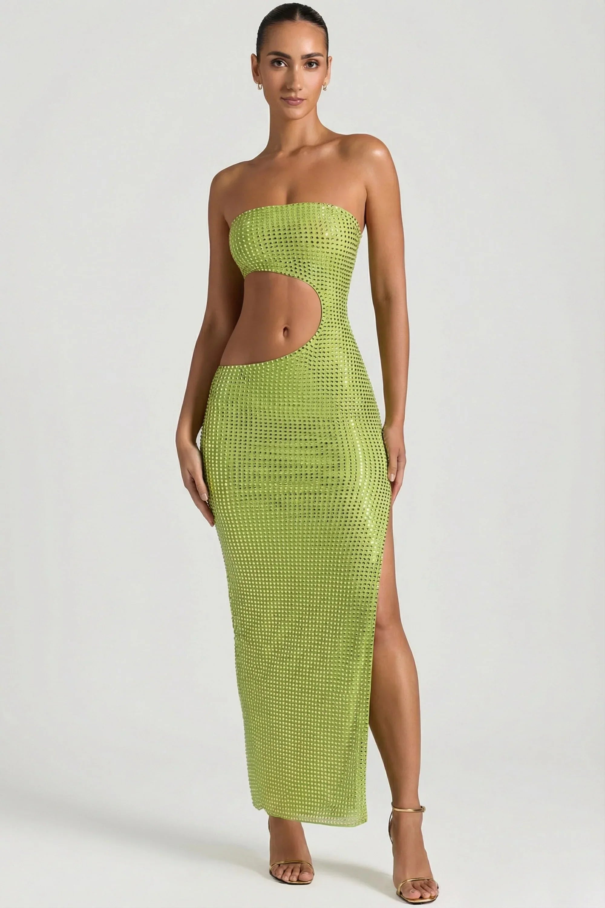 Embellished Cut Out Bandeau Maxi Dress in Pear Green