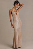 Embellished Plunge Neck Open Back Gown in Beige Gold