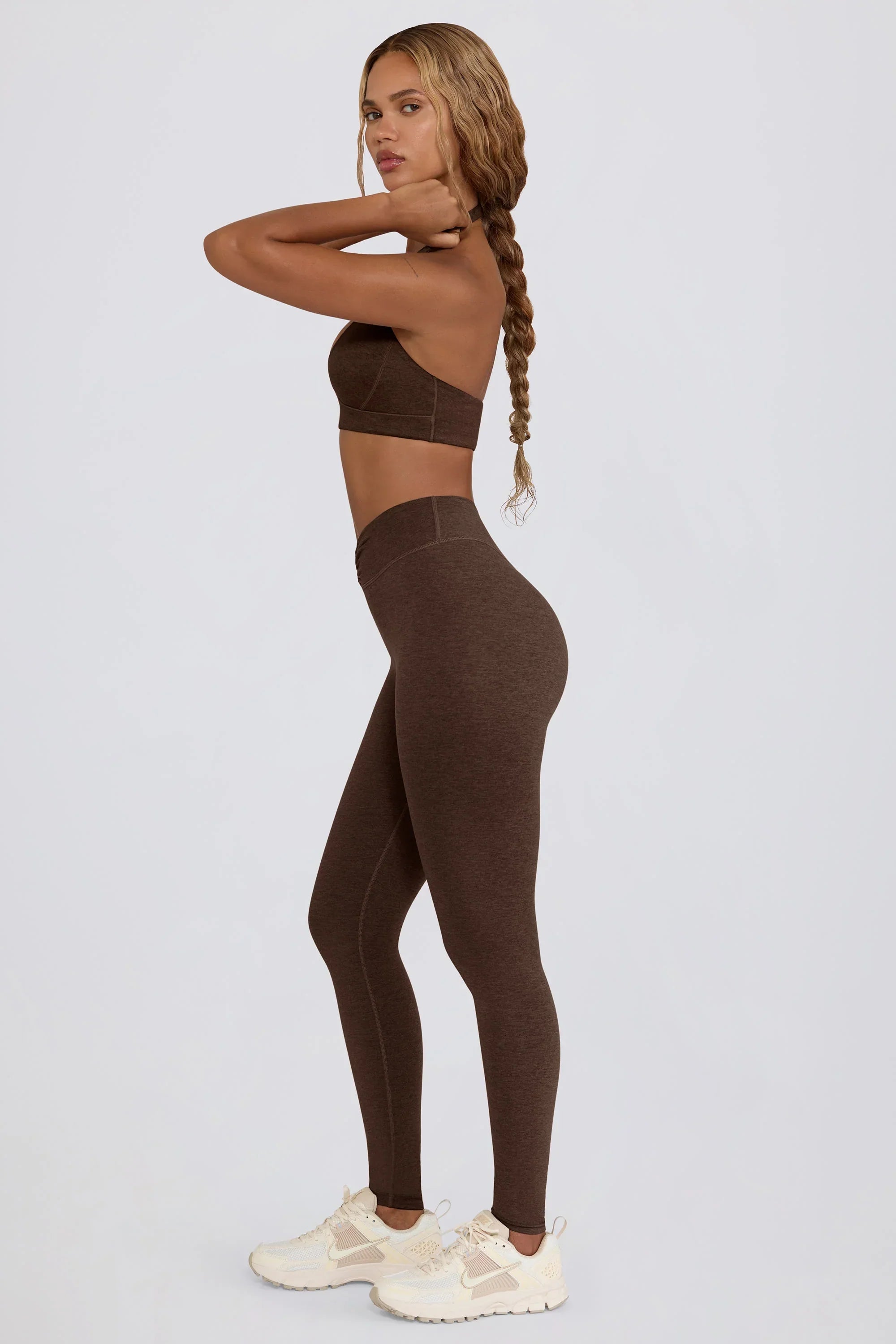 Brushed Jersey Ruched Mid Rise Leggings in Pecan Marl