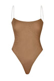 Soft Mesh Invisible Strap Thong Bodysuit in Almond