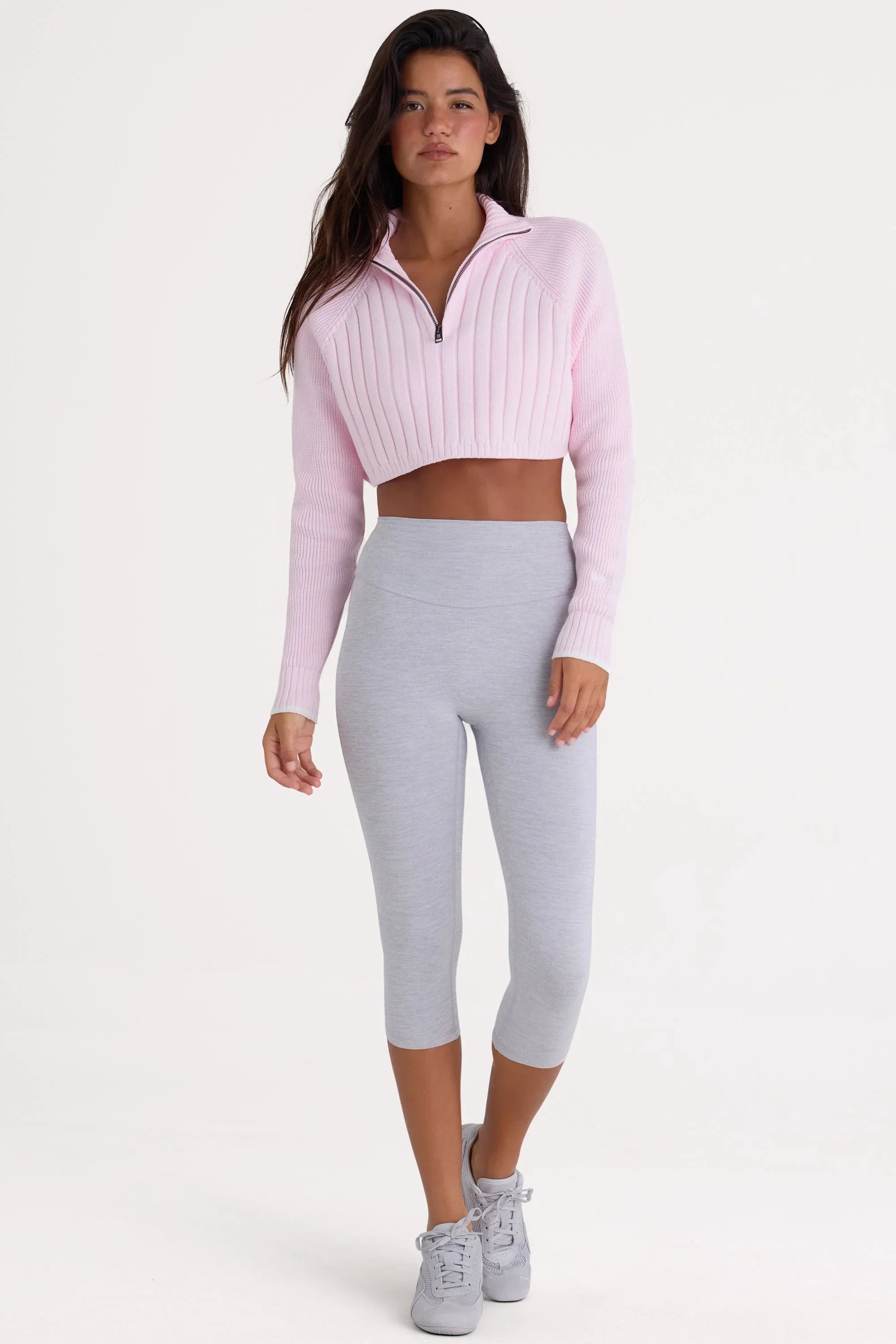 Ribbed Knit Quarter Zip Cropped Jumper in Powder Pink
