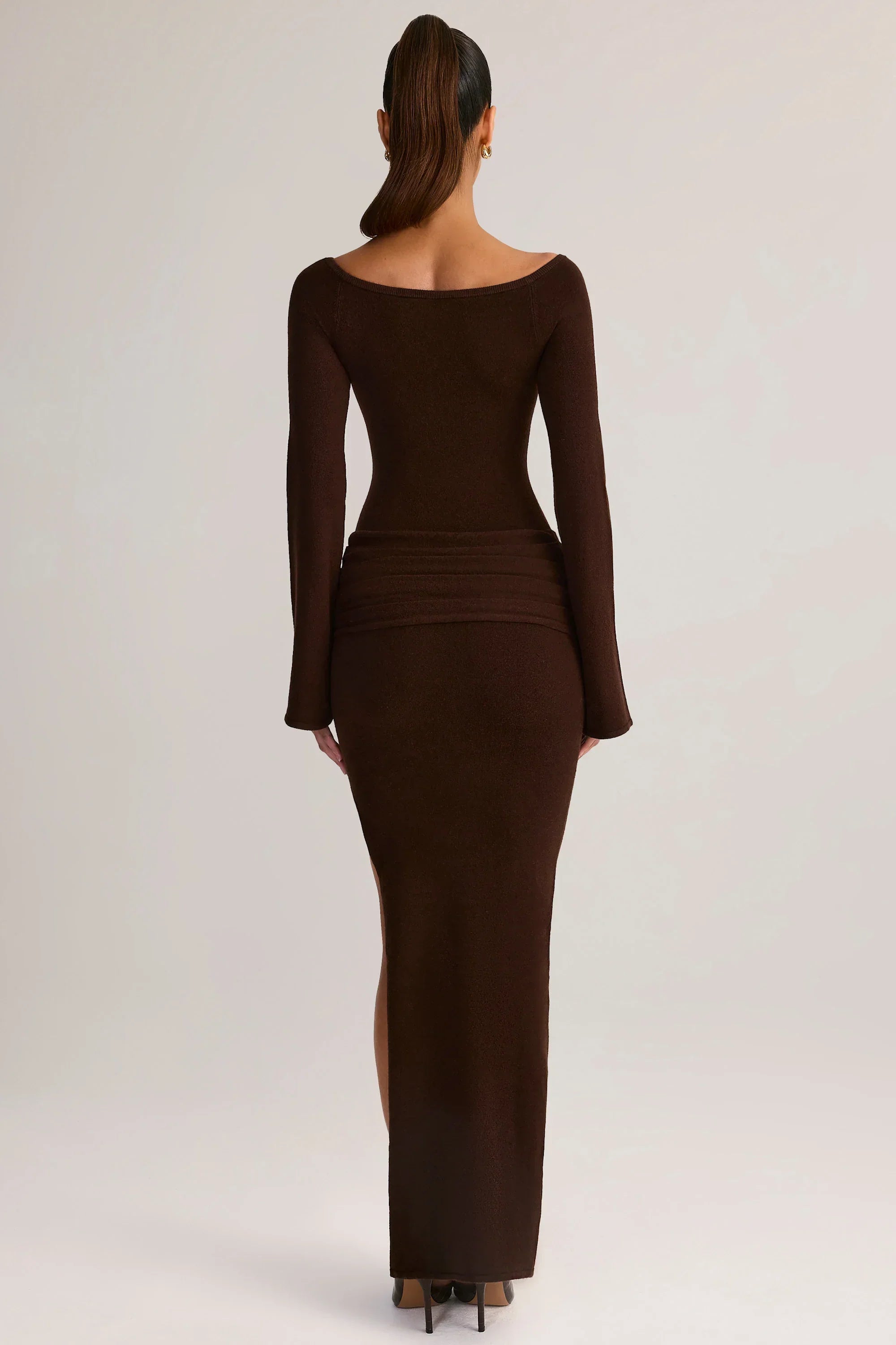 Rib Knit Boat Neck Long Sleeve Maxi Dress in Chocolate Brown