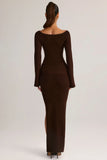 Rib Knit Boat Neck Long Sleeve Maxi Dress in Chocolate Brown