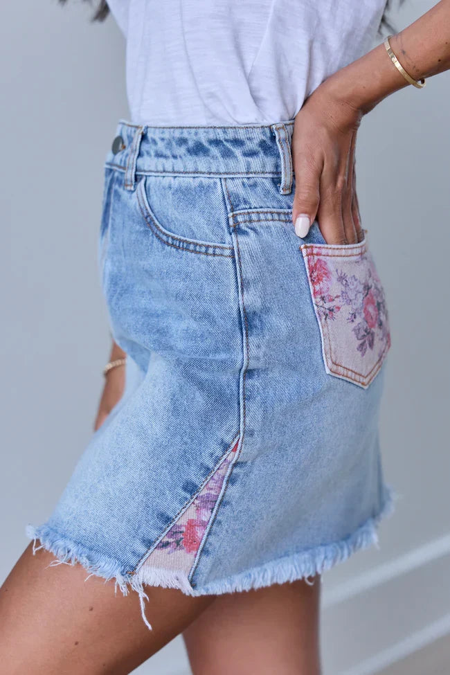 Addison Floral Inset Denim Mini Skirt