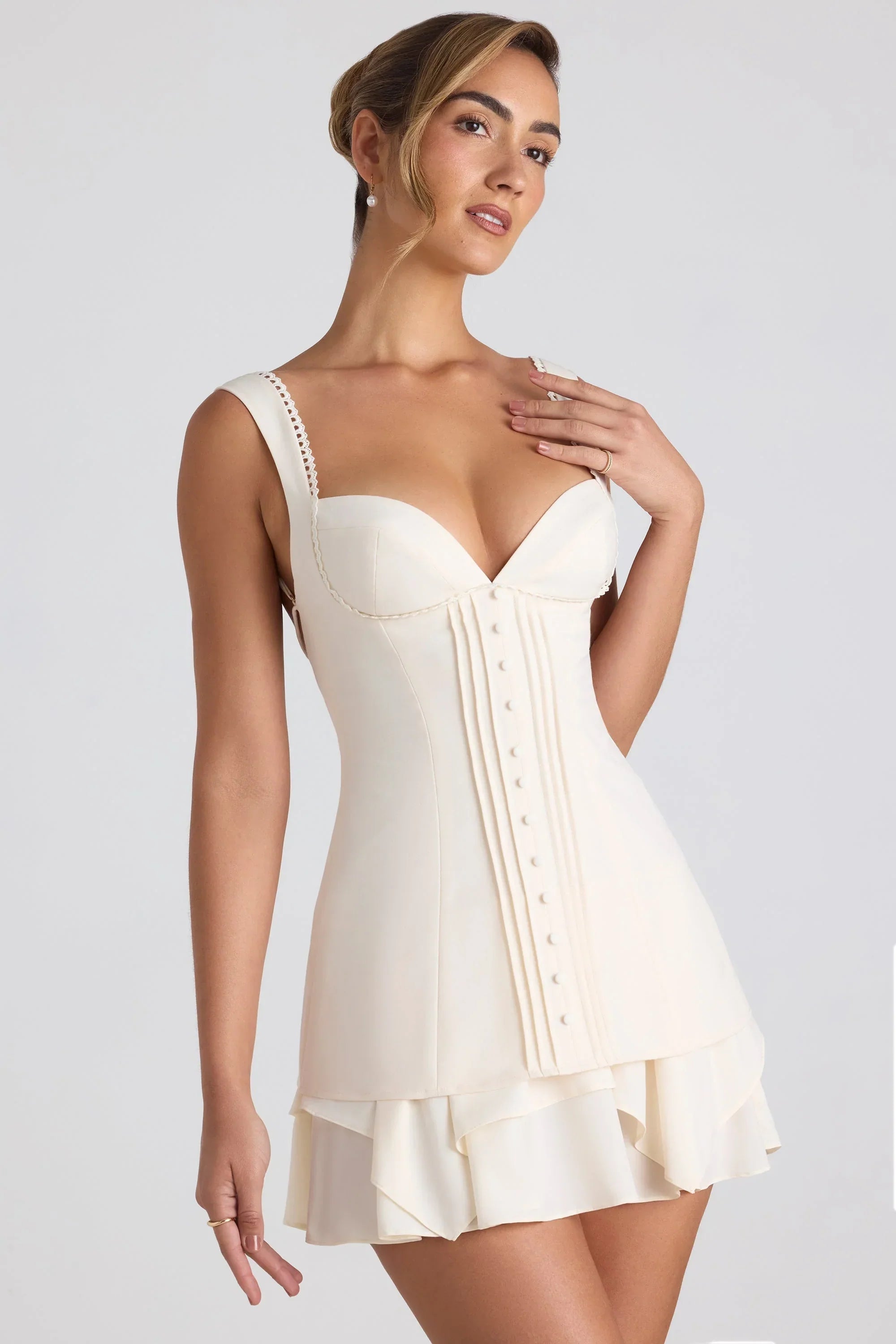 Ruffle Trim Button Detail Corset Mini Dress in Ivory