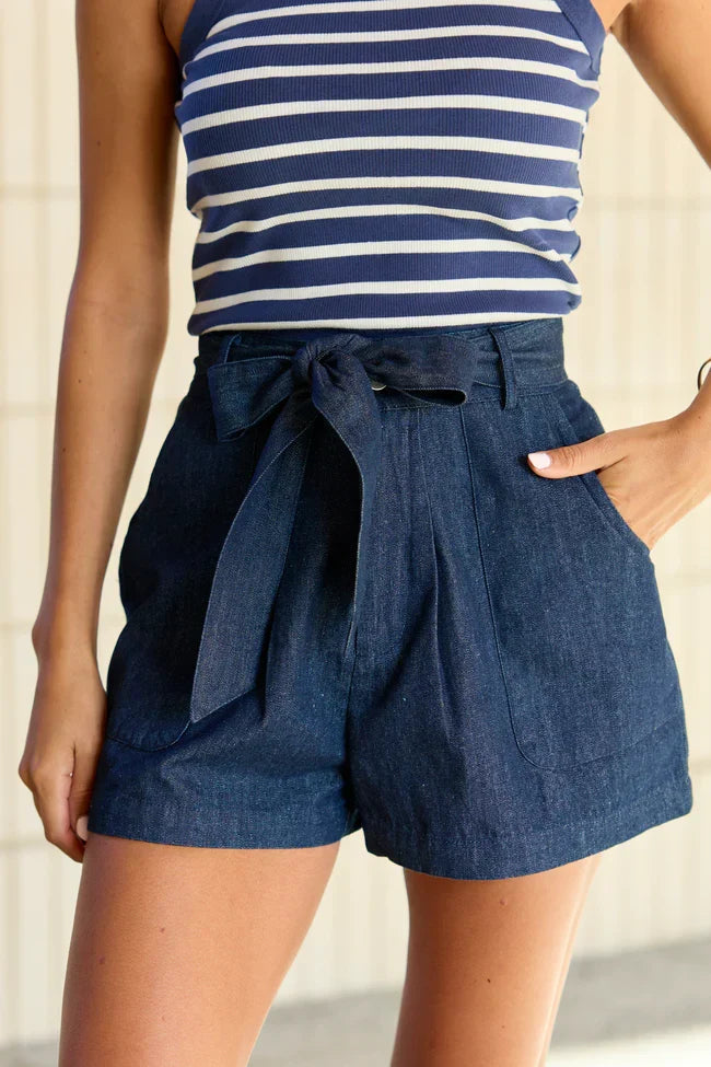 Wherever You Are Dark Wash Belted Denim Shorts