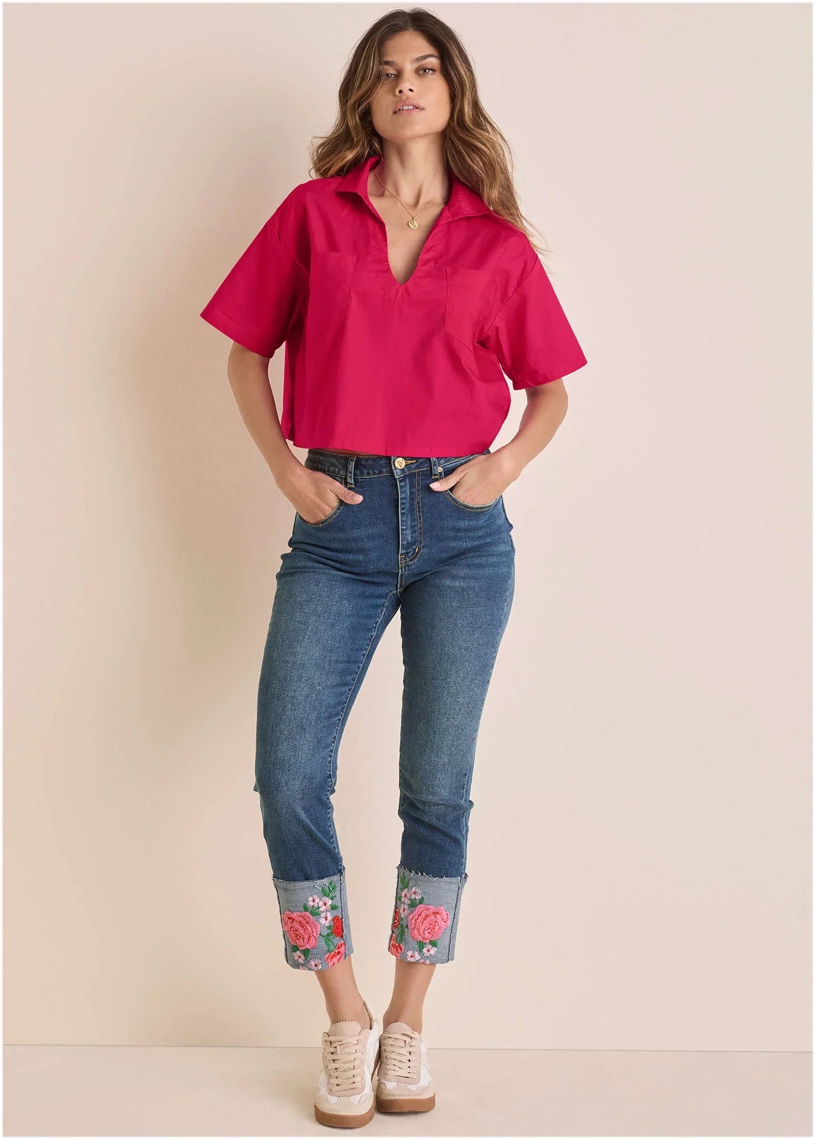 Embroidered Crop Jean Medium Wash