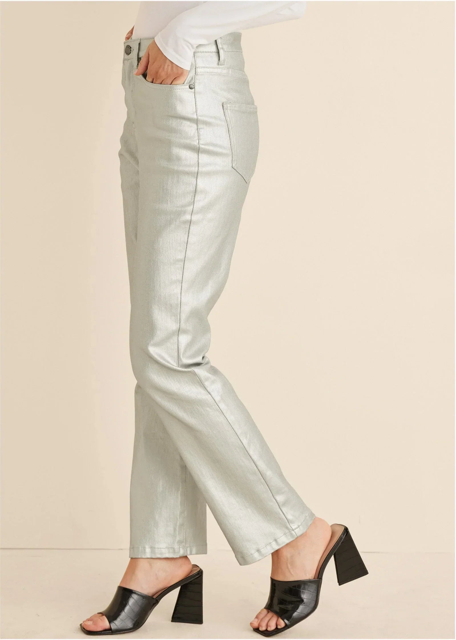 Metallic Straight Leg Jeans Silver Metallic