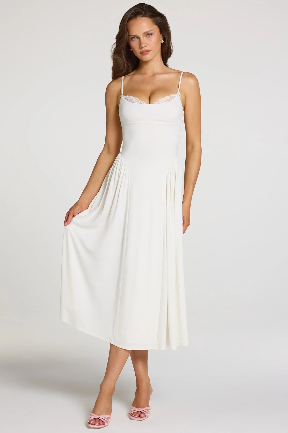 Modal Lace Trim Midaxi Dress in White