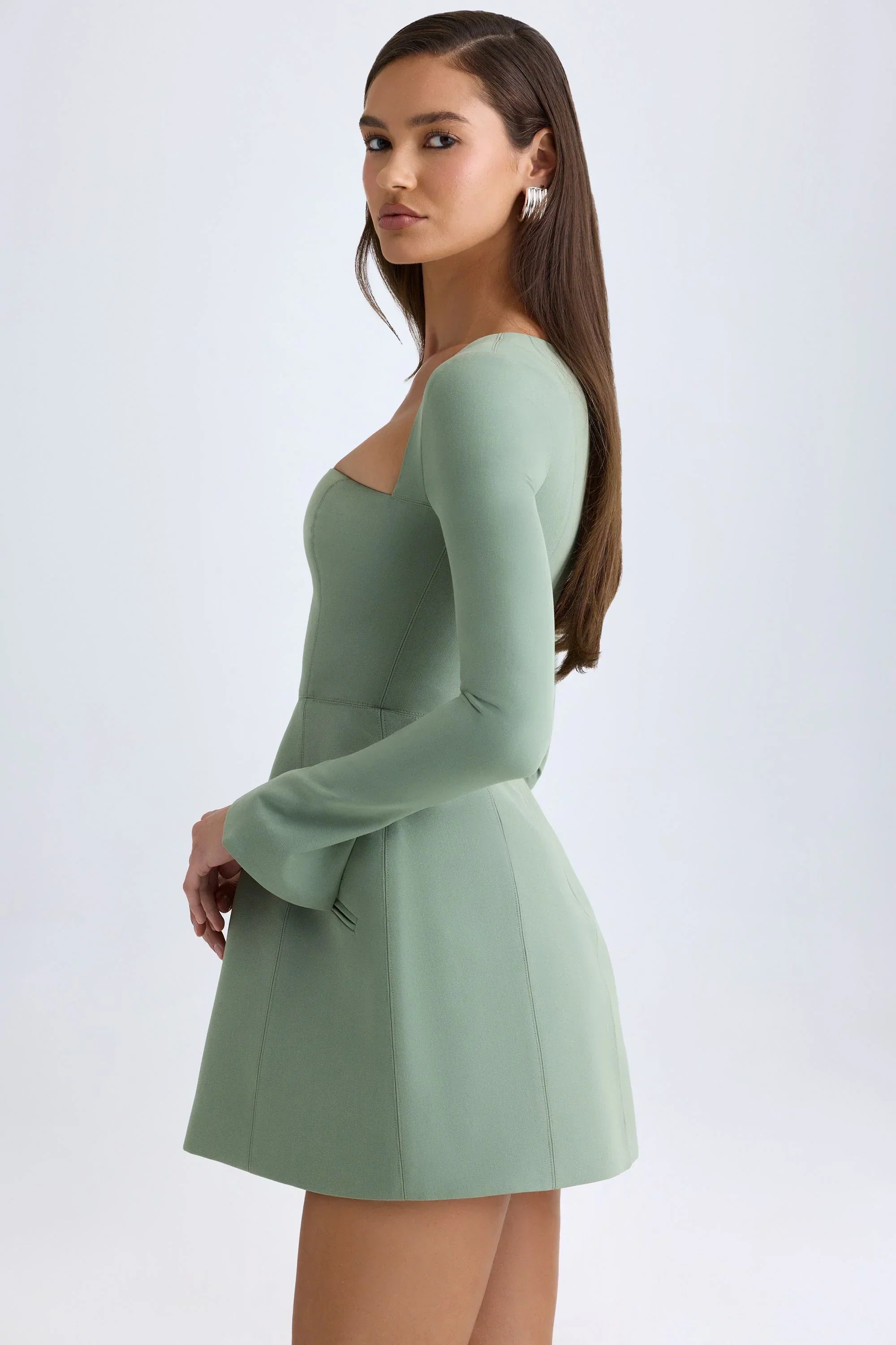 Square Neck Structured Tulip Mini Dress in Khaki Green