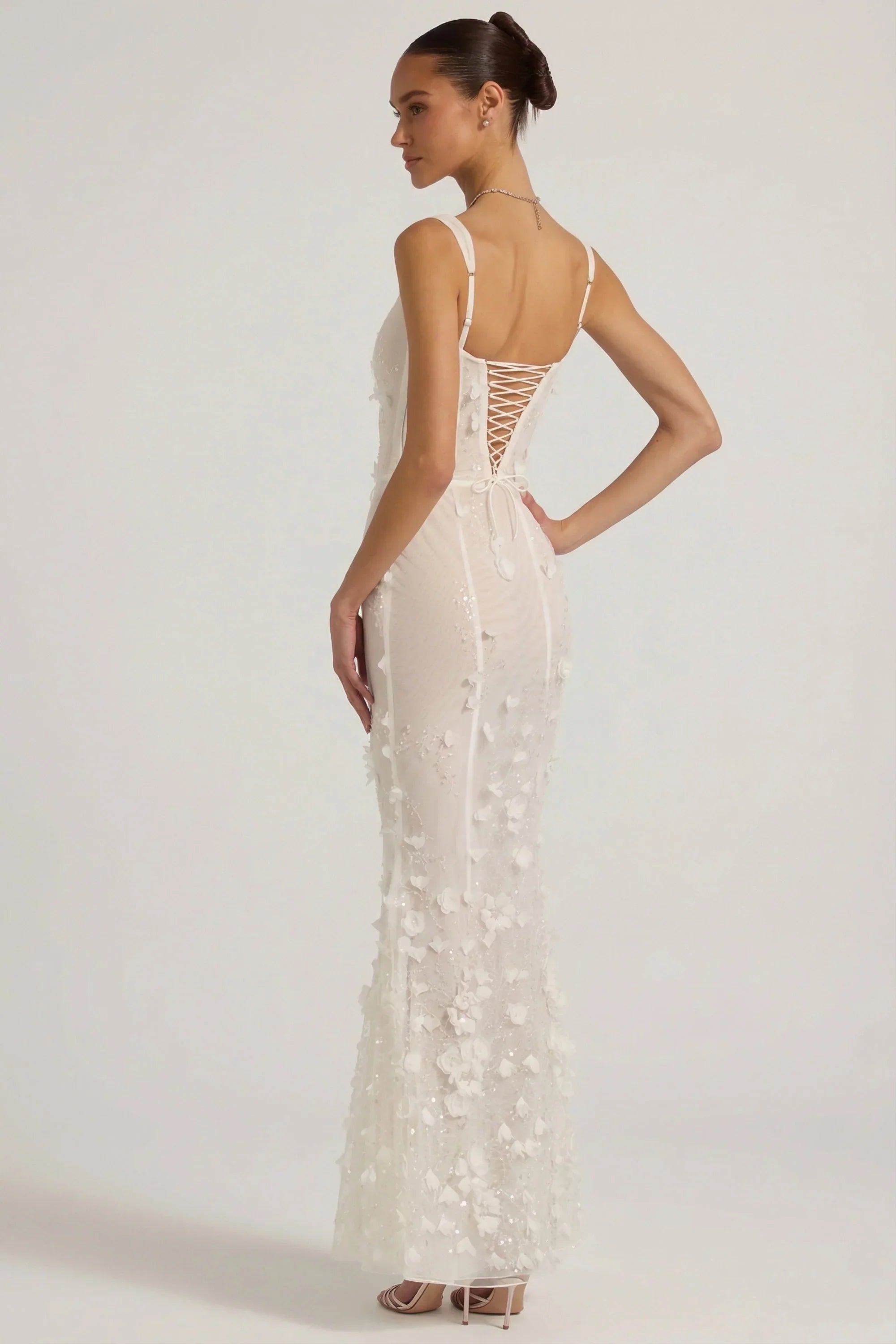 Embellished Appliqué Soft Scoop Corset Gown in White