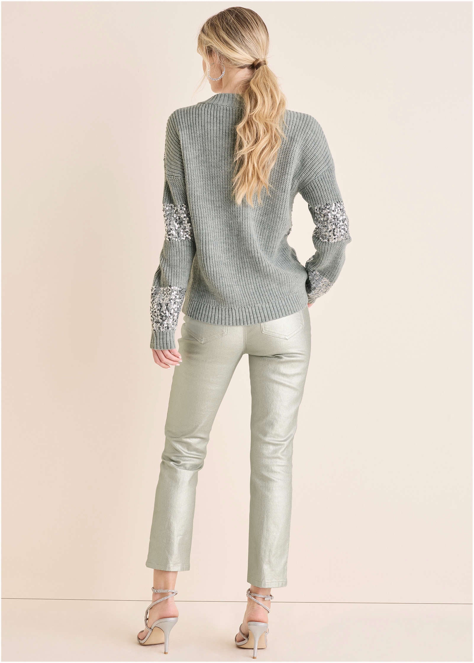 Sequin V Neck Sweater Light Heather Grey