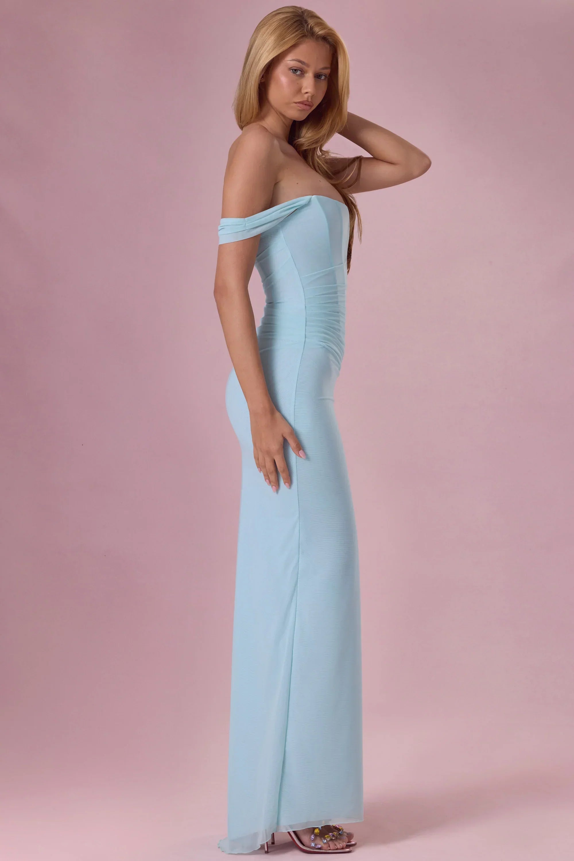 Mesh Draped Corset Gown in Light Blue