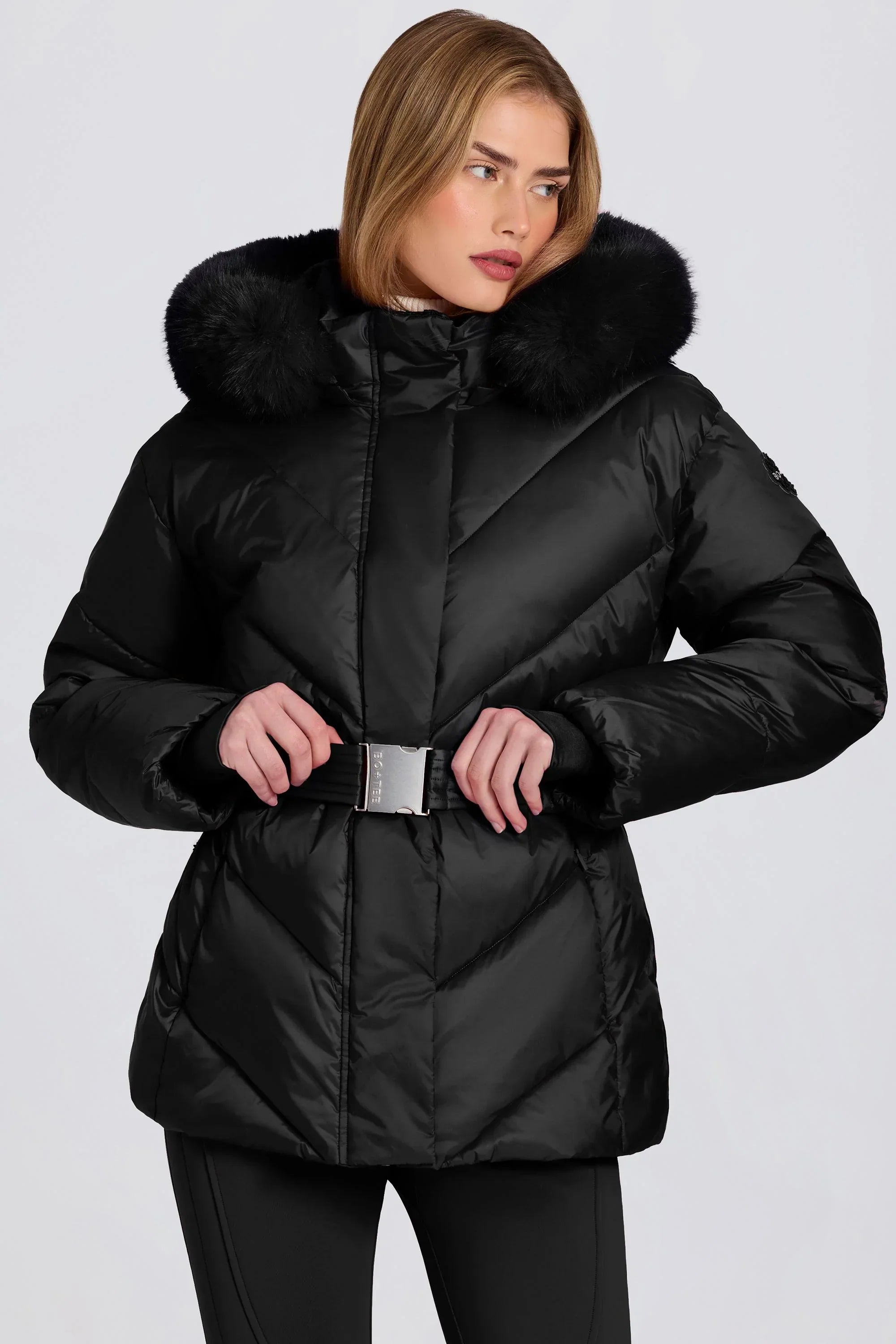 Waterproof Faux Fur Hood Ski Jacket in Black