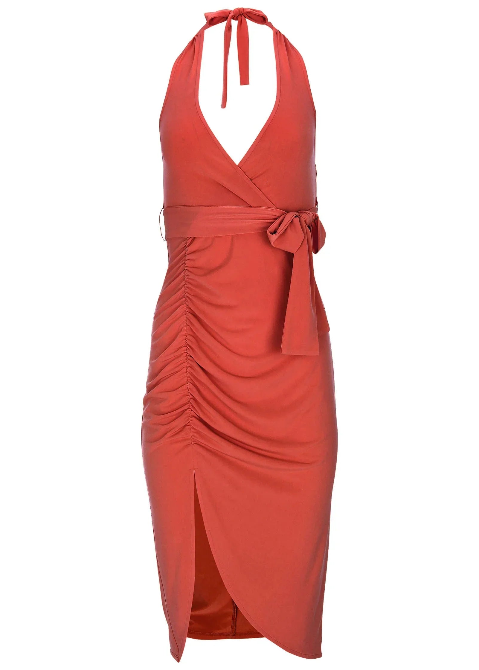 Side Tie Halter Midi Orange