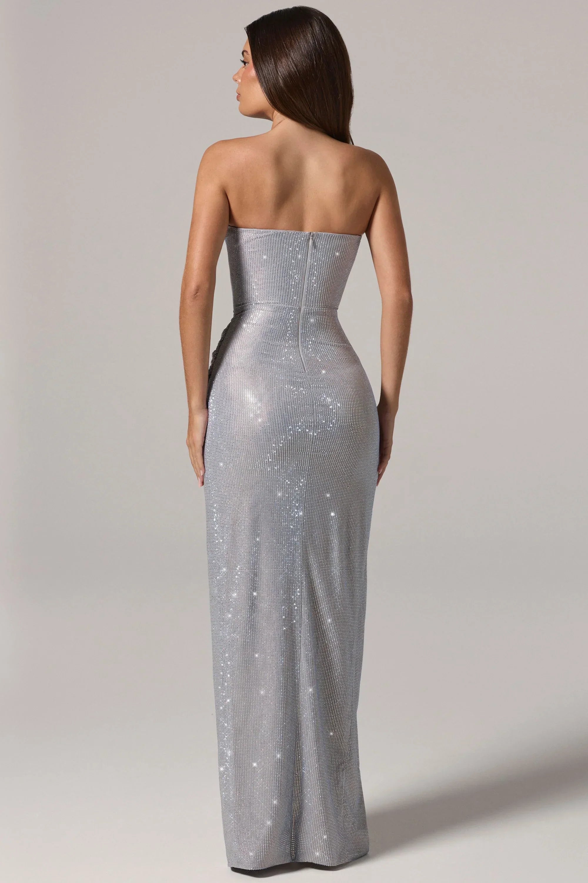 Embellished Bandeau Cowl Waist Maxi Dress in Silver
