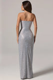 Embellished Bandeau Cowl Waist Maxi Dress in Silver