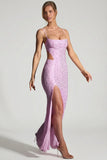 Embellished Cut Out Fishtail Maxi Dress in Peony Pink