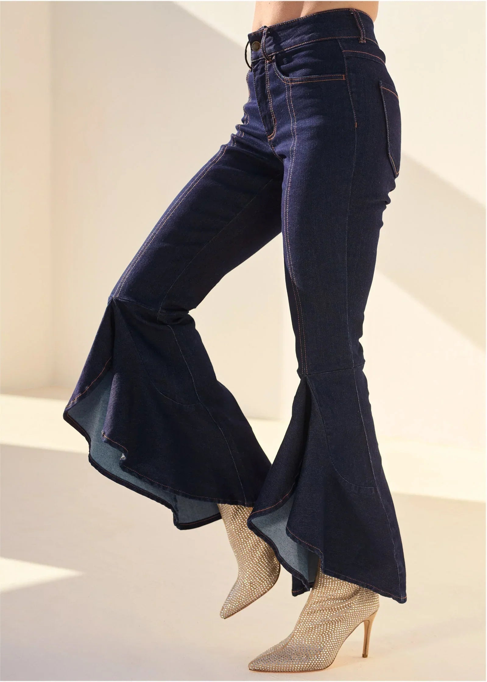Ruffle Slit Hem Jeans Indigo Blue