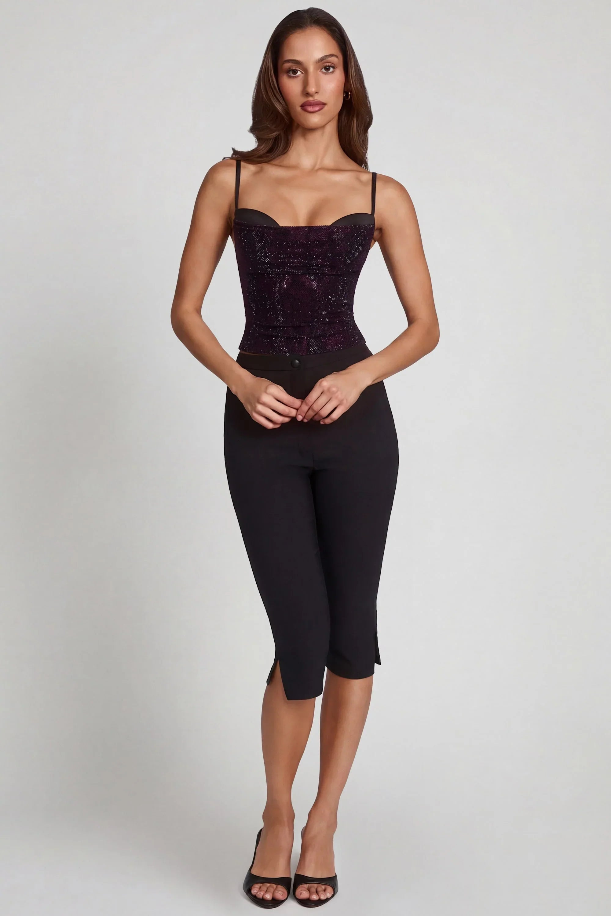 Embellished Peekaboo Cowl Neck Top in Purple Snake