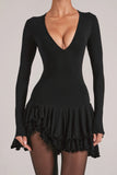 V Neck Ruffle Skirt Mini Dress in Black