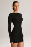 Modal Boat Neck Draped Long Sleeve Mini Dress in Black