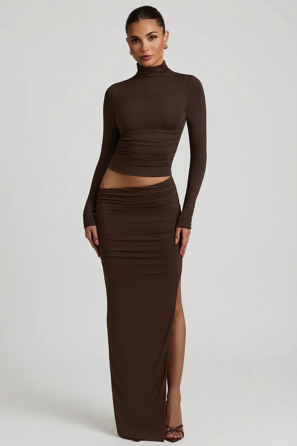 Modal Asymmetric Waist Maxi Skirt in Chocolate Brown