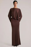 Long Sleeve Draped Maxi Dress in Chocolate Brown