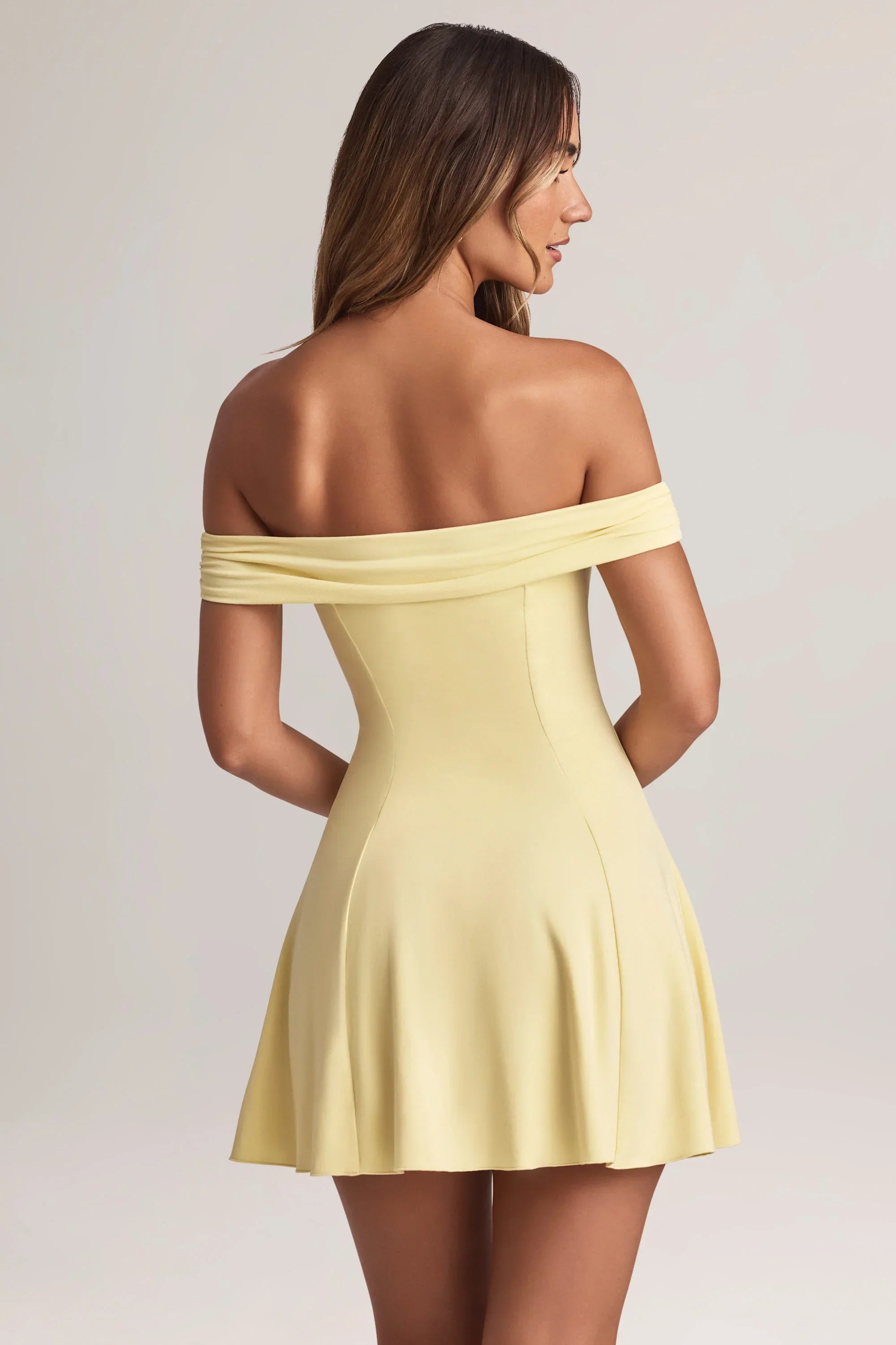 Modal Off Shoulder A Line Mini Dress in Lemon Sherbet