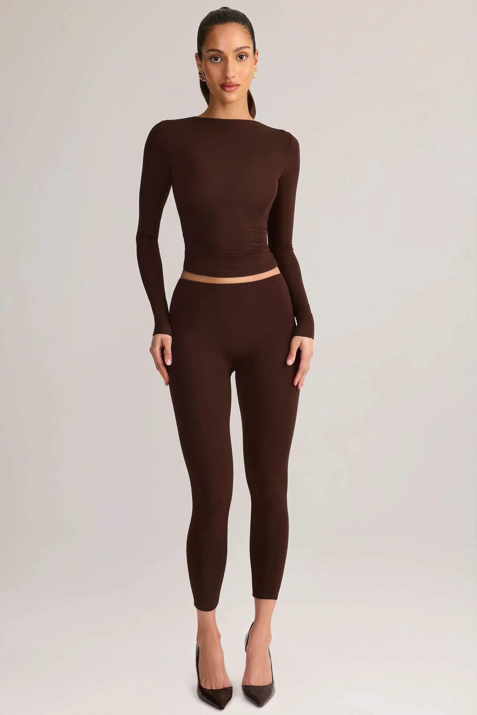 Modal Ruched Long Sleeve Top in Chocolate Brown