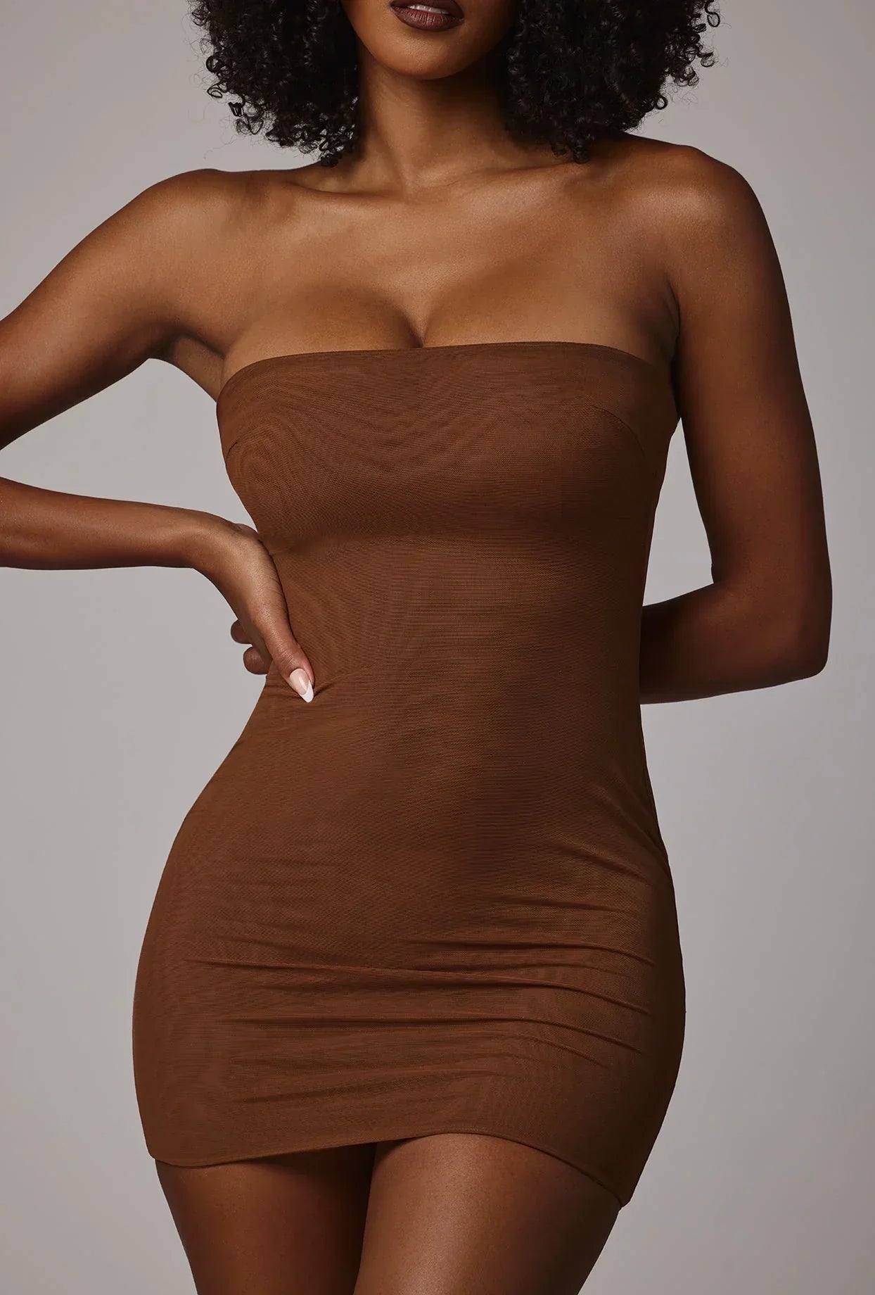 Soft Sheer Mesh Bandeau Mini Slip Dress in Mocha