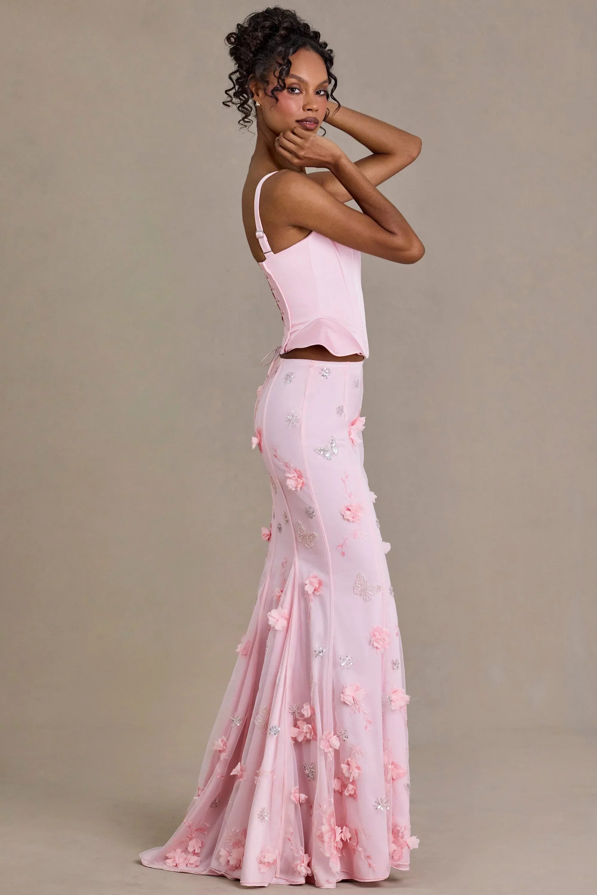 Satin Lace Up Corset Top in Baby Pink