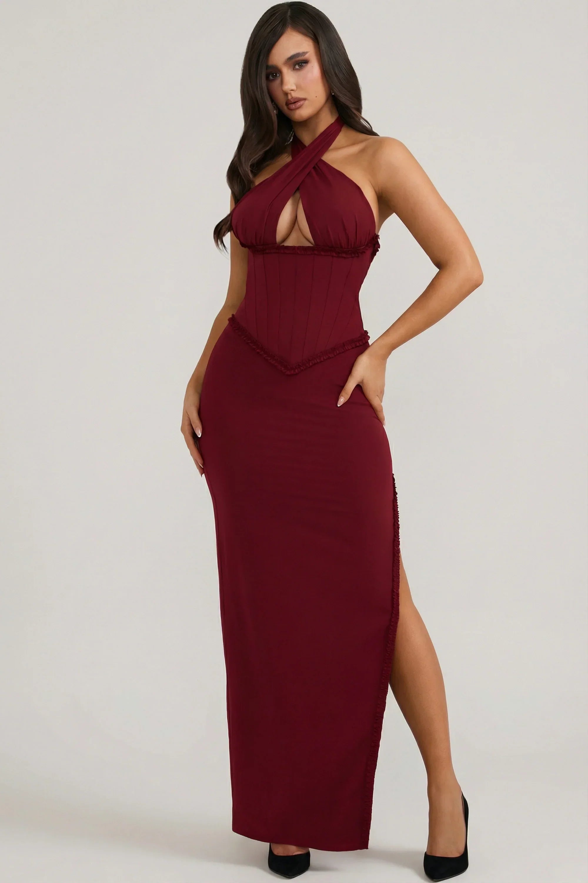 Halterneck Lace Up Corset Maxi Dress in Berry Red