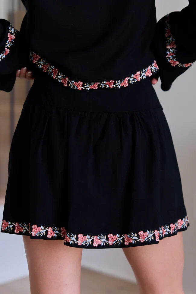 Celeste Black Floral Border Skirt