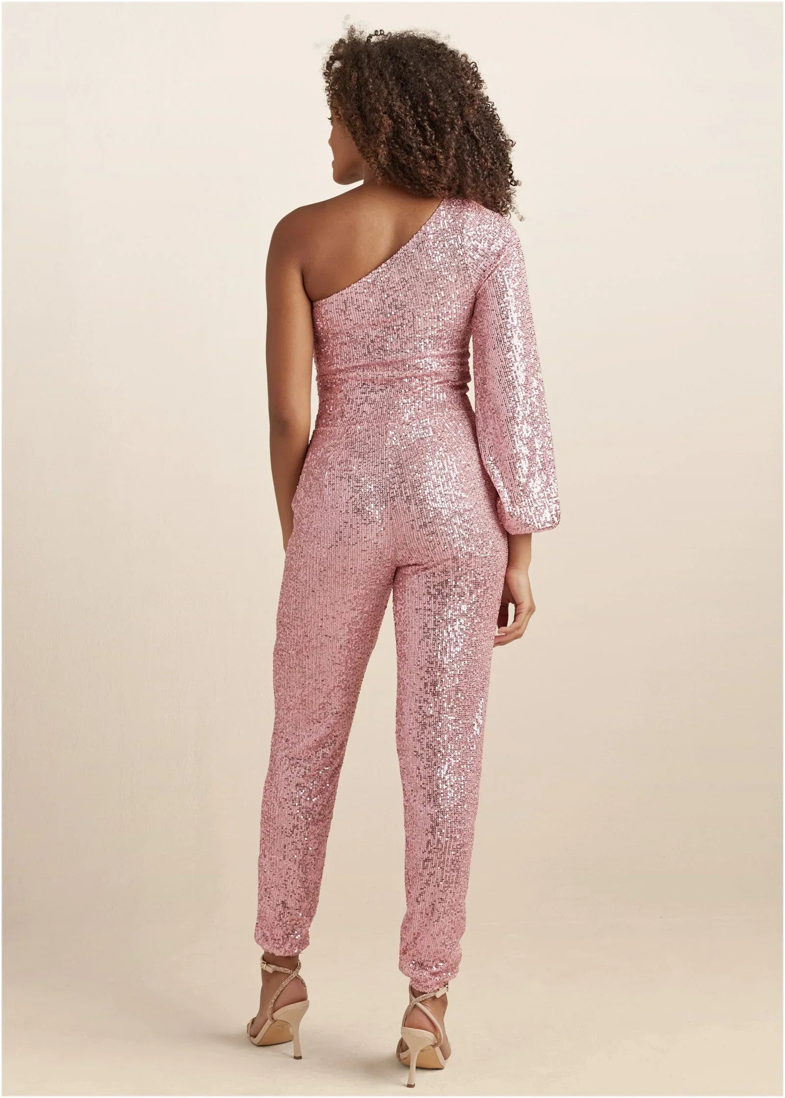 Sequin One Shoulder Jumpsuit Peach