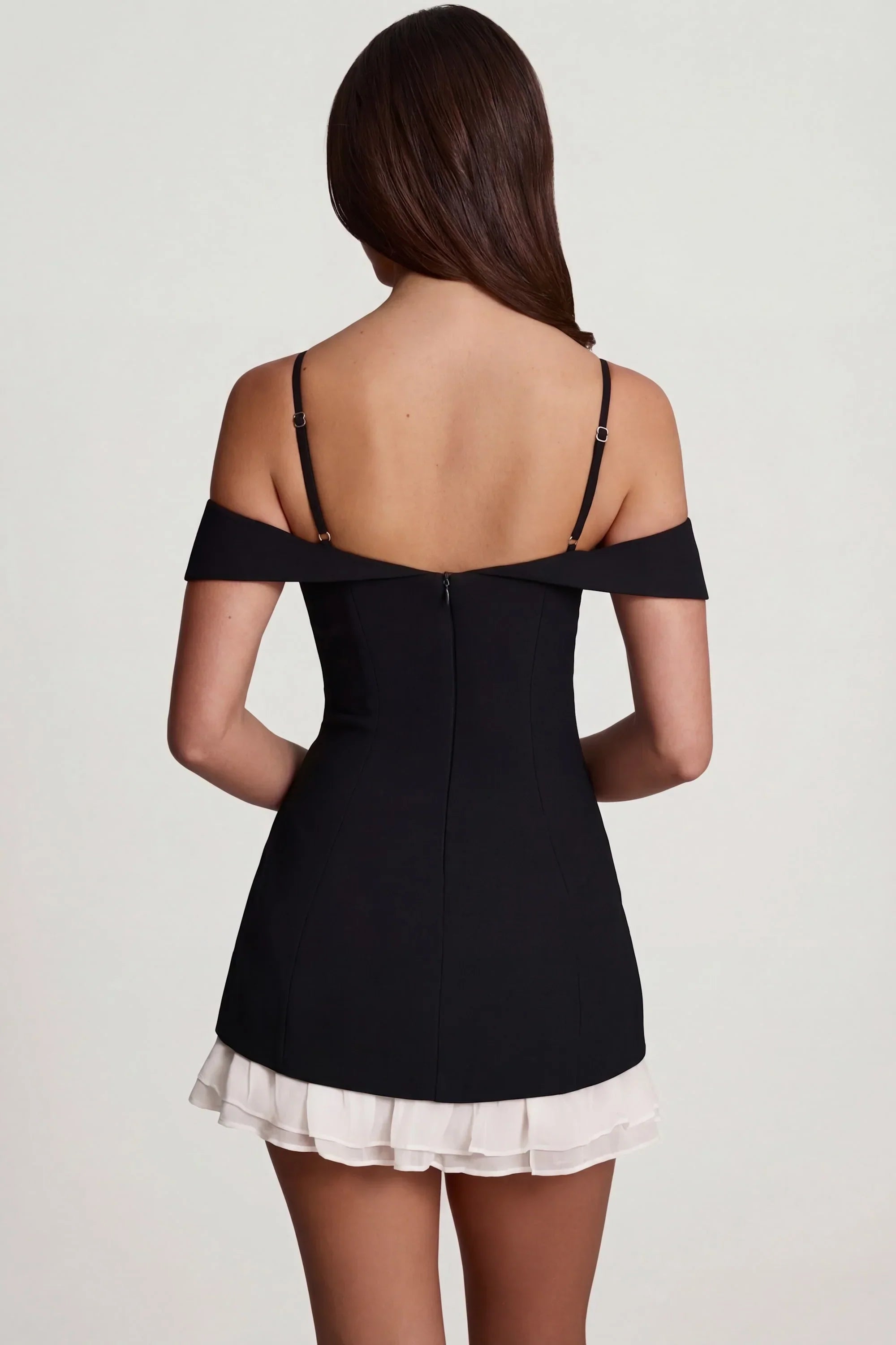 Off Shoulder Ruffle A Line Mini Dress in Black