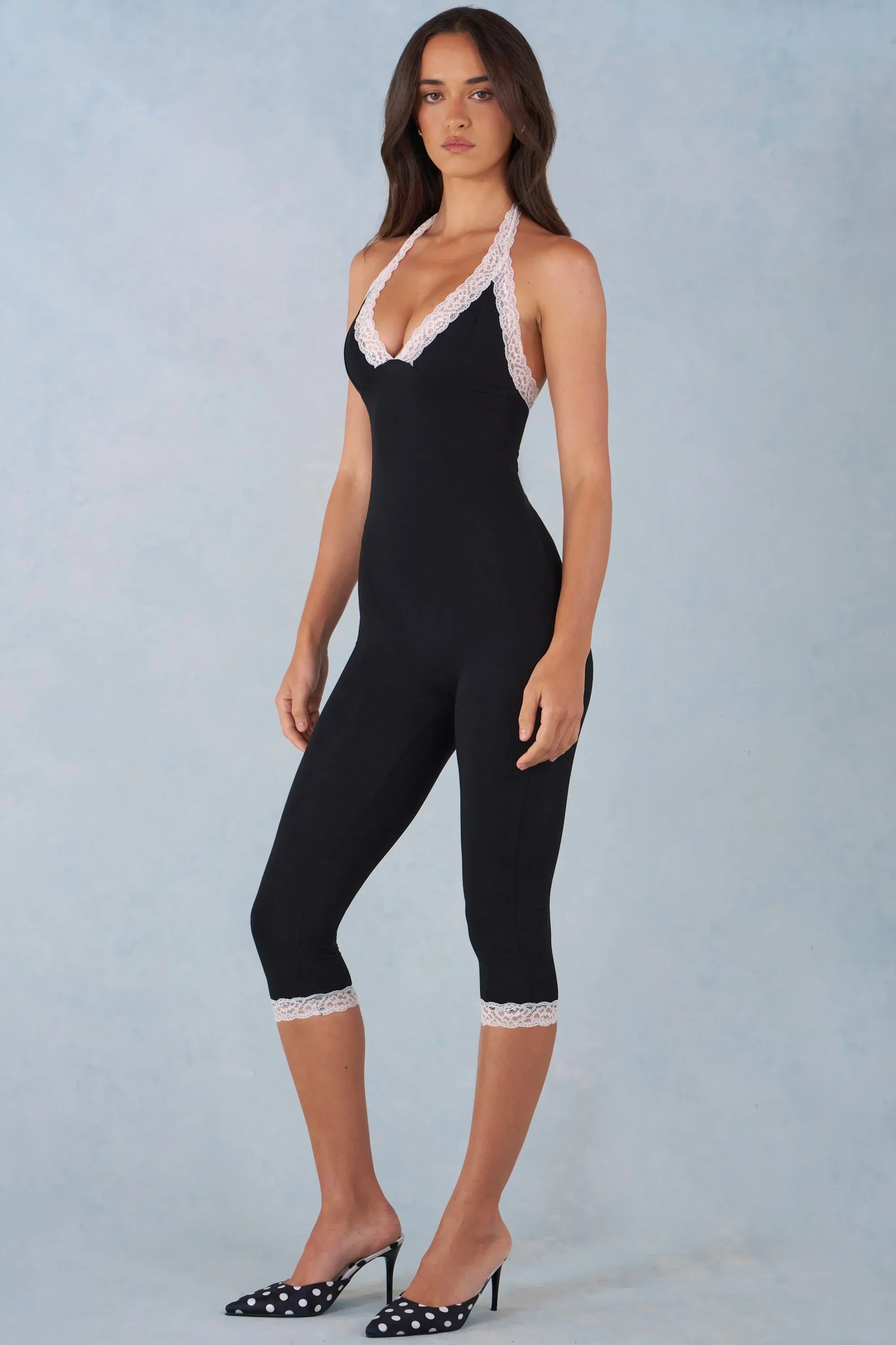 Modal Lace Trim Capri Jumpsuit in Black