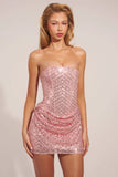 Embellished Draped Strapless A Line Mini Dress in Blush Pink