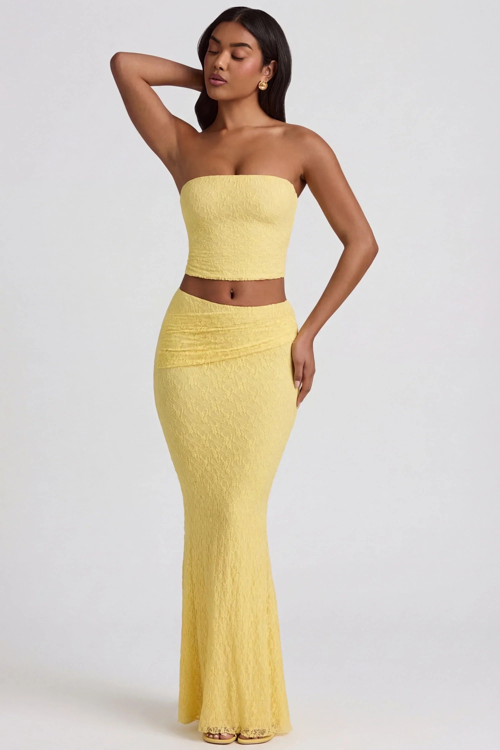 Draped Low Rise Lace Maxi Skirt in Pastel Yellow