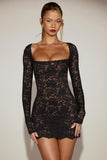Sheer Scalloped Lace Long Sleeve Mini Dress in Black