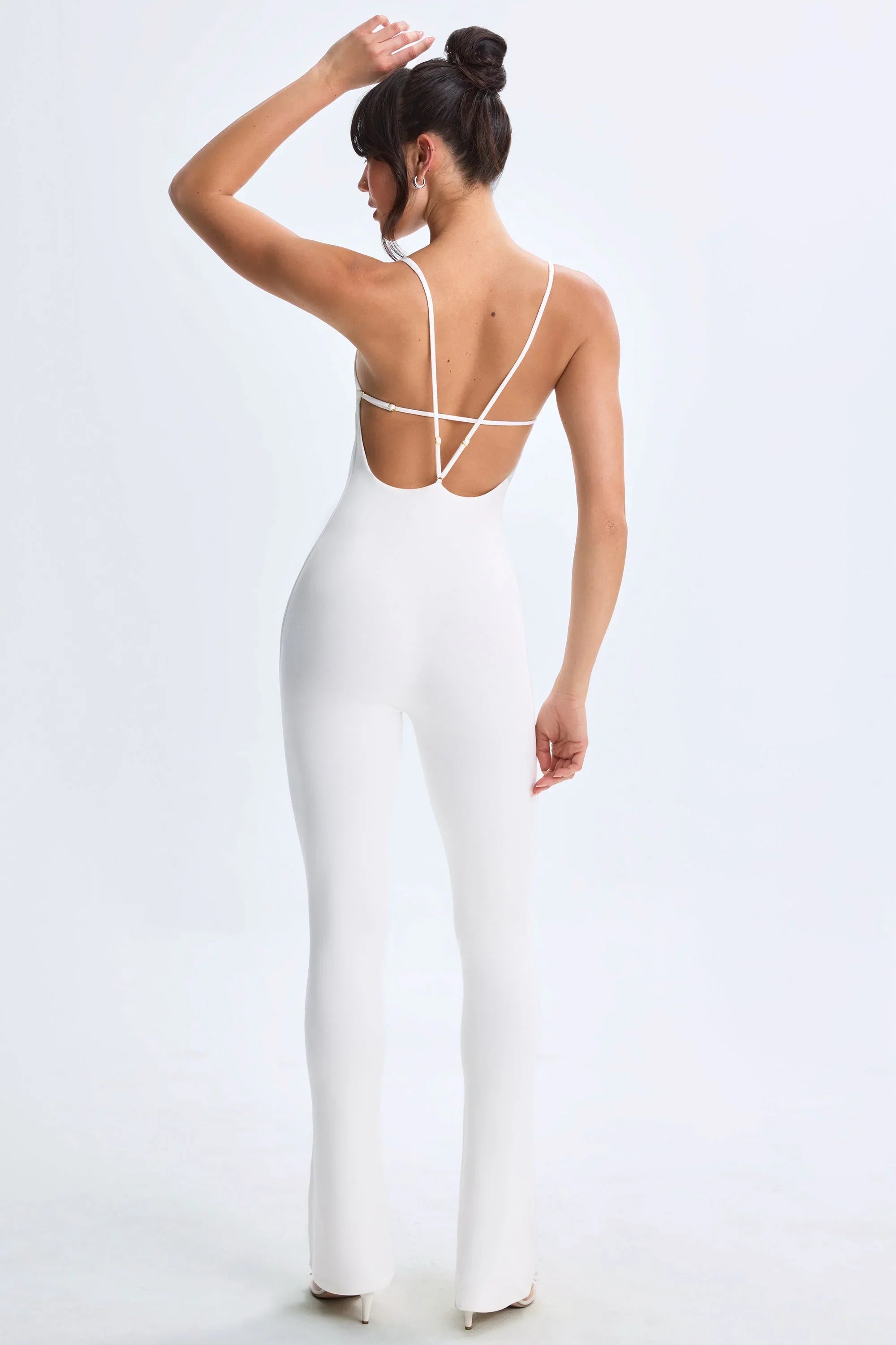 Modal Plunge Open Back Flared Jumpsuit in White