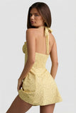 Halterneck A Line Mini Dress in Yellow Flower Print