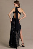 Sequin Lace Scarf Detail Maxi Dress in Black