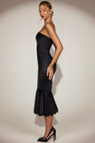 Satin Lace Trim Bandeau Fluted Midaxi Dress in Black