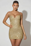 Embellished Sweetheart Neck Mini Dress in Gold