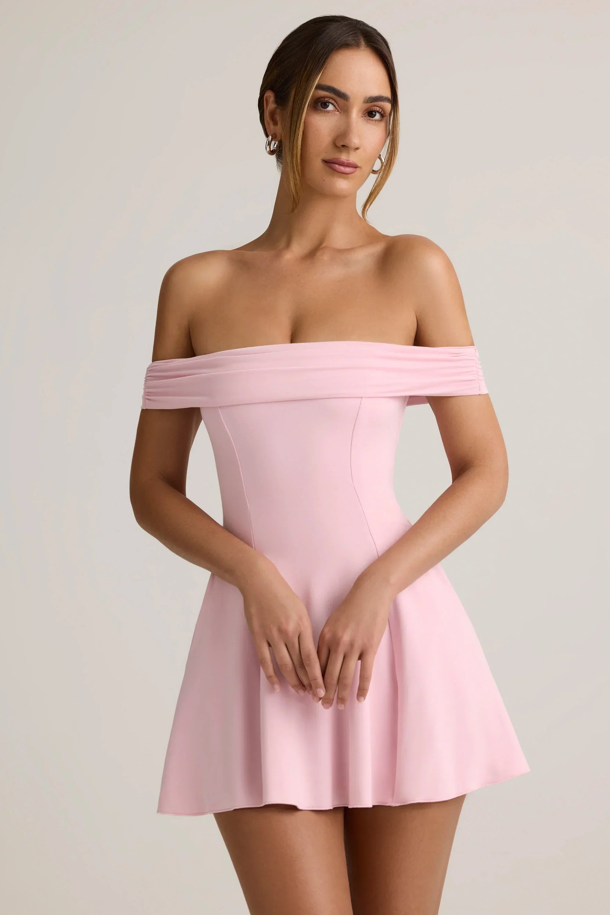 Modal Off Shoulder A Line Mini Dress in Baby Pink